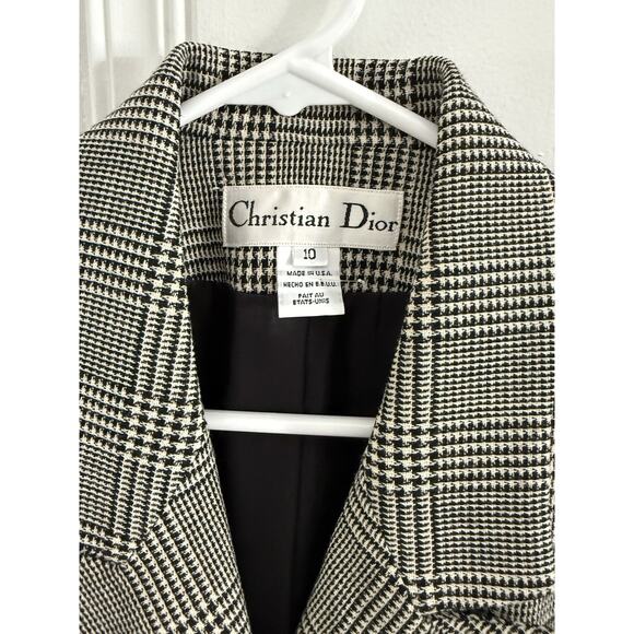 Vtg 90’s Christian Dior Black White Worsted Wool Houndstooth Jacket Blazer Belt - Picture 3 of 13